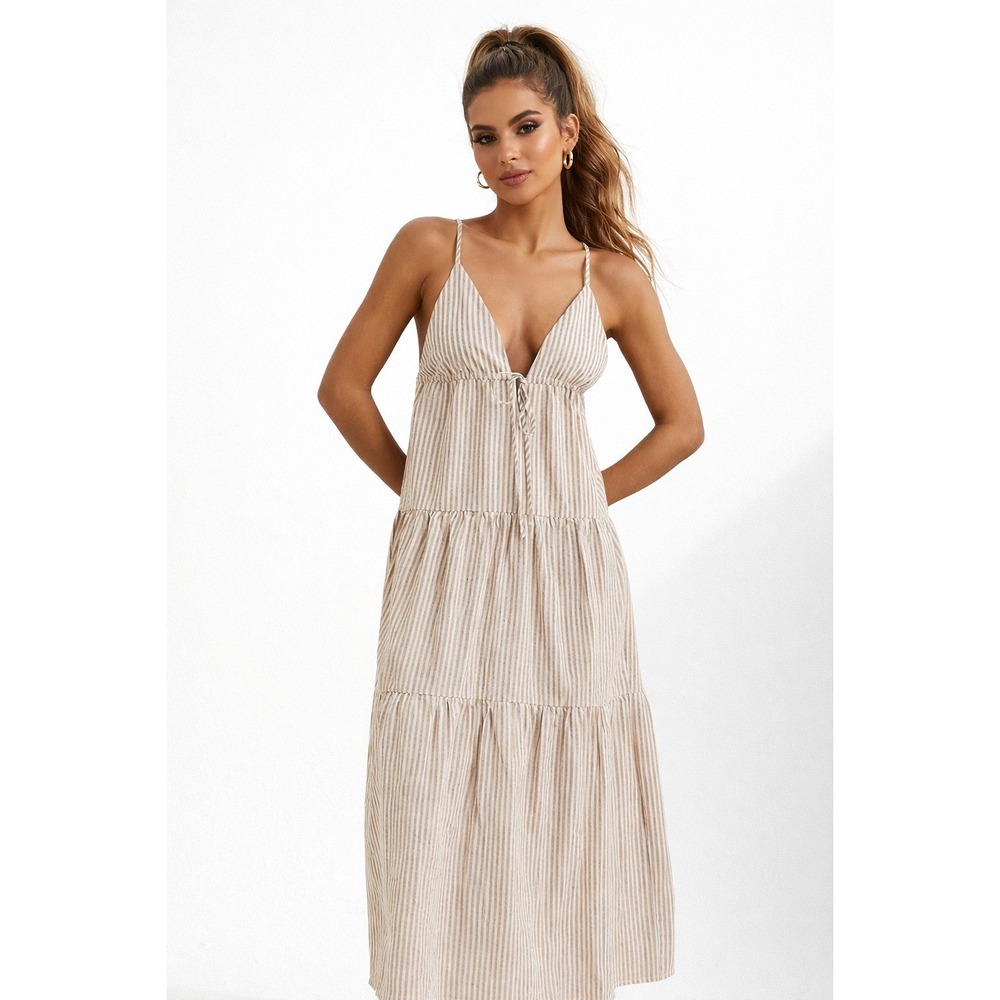 Rhythm Jaci Maxi Dress Tan White Striped Cotton Tie Front Womens L NEW